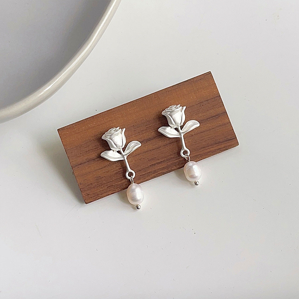 White Rose and Pearl Earrings