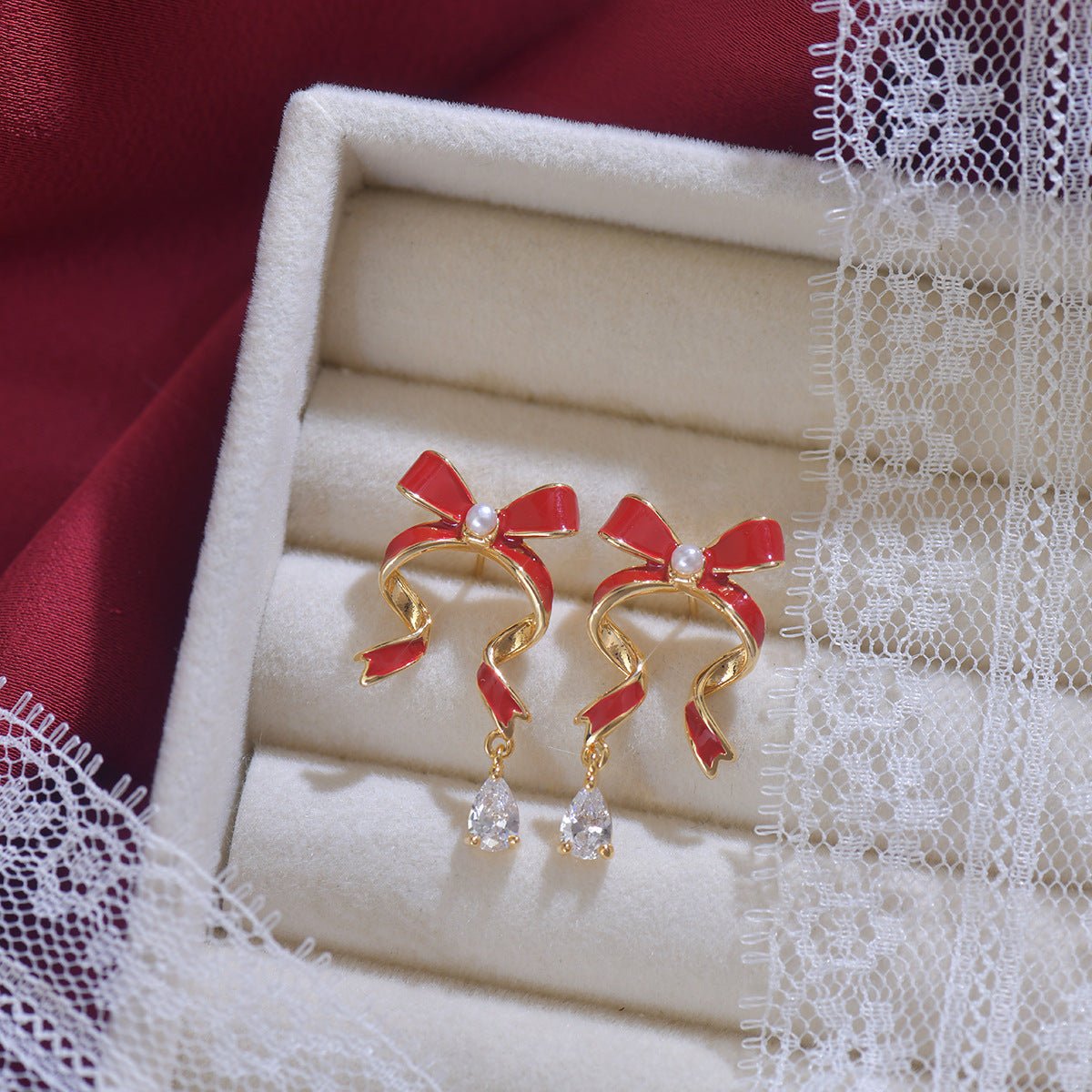 Red Bow Drop Earrings - Hypoallergenic - Abbott Atelier
