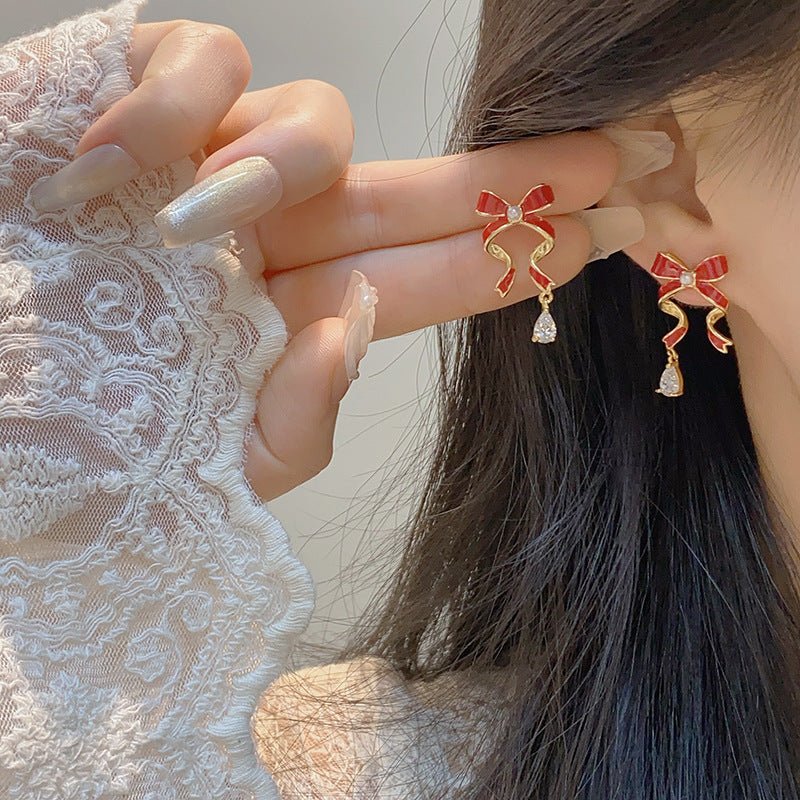 Red Bow Drop Earrings - Hypoallergenic - Abbott Atelier
