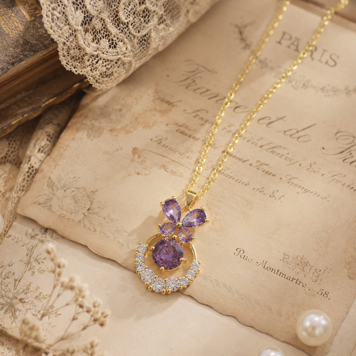 Violet Butterfly Waltz Necklace - Gold Plated - Abbott Atelier