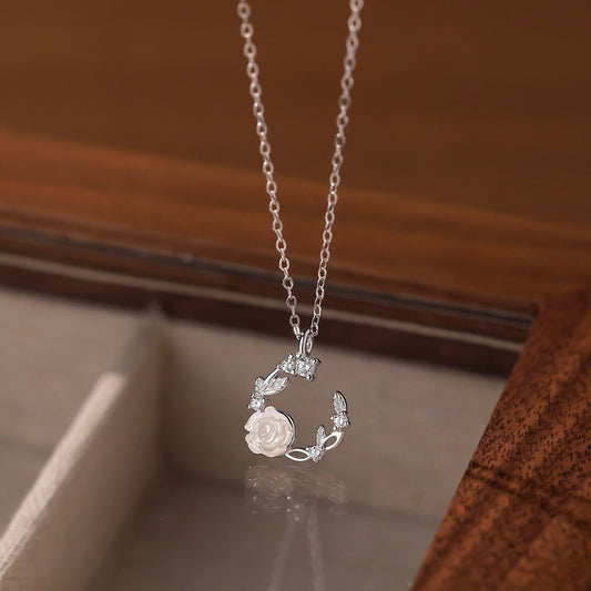 White Rose Necklace (Solid Silver) - Hypoallergenic - Abbott Atelier