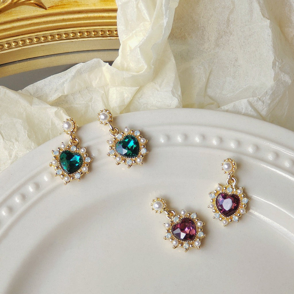 Pearl Heart Earrings (Red & Green)