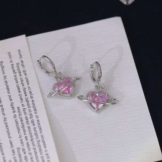 Pink Heart Saturn Huggie Earrings