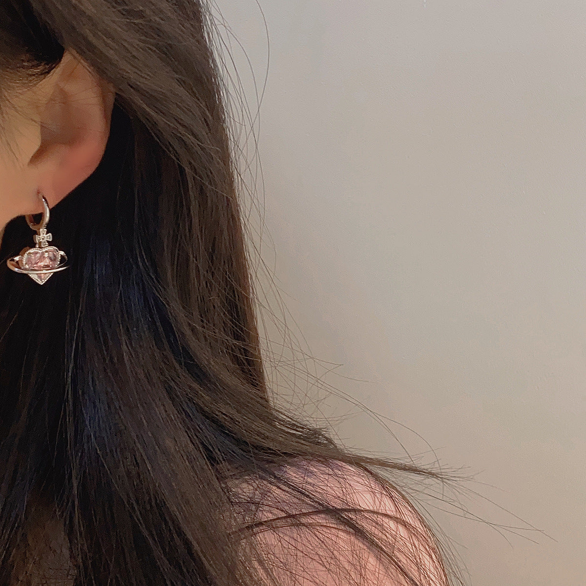Pink Heart Saturn Huggie Earrings
