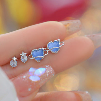 Blue Heart Stud Earrings Set
