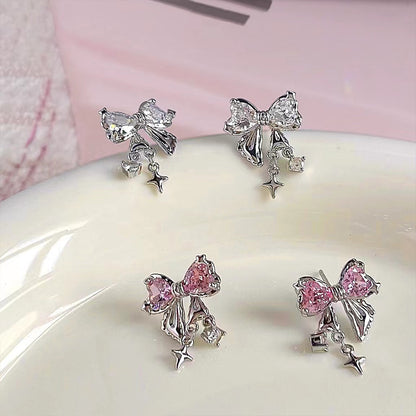 Silver Bow Earrings (Pink/Clear) - Caroline