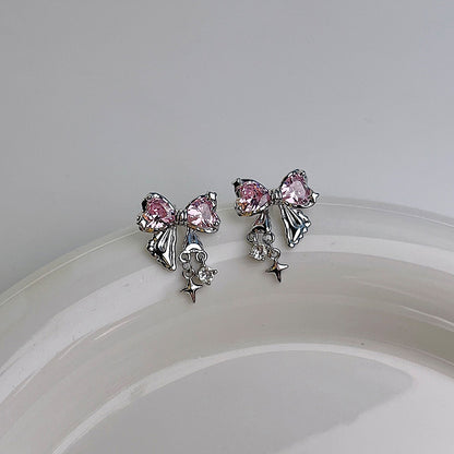 Silver Bow Earrings (Pink/Clear)