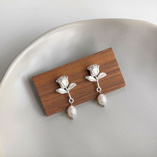 White Rose and Pearl Earrings