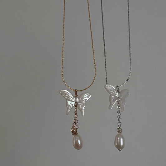 Butterfly and Pearl Necklace (Solid Silver)