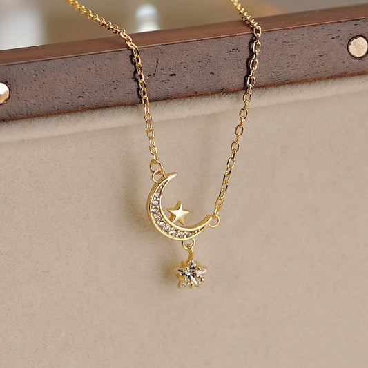 Moon and Star Necklace (Solid Silver) - Mandy