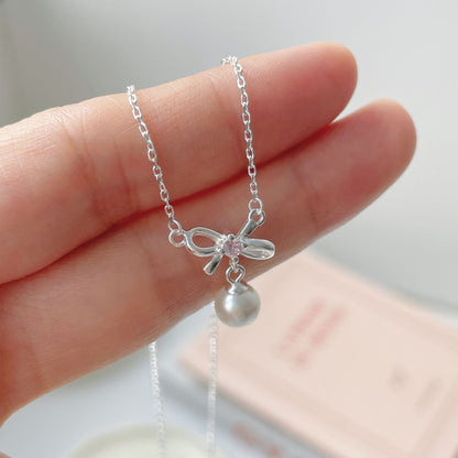 Bow and Pearl Necklace (Solid Silver) - Cady