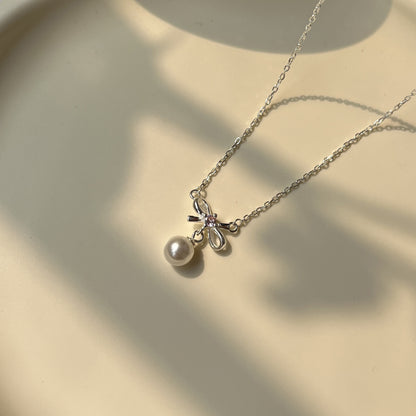 Bow and Pearl Necklace (Solid Silver) - Cady