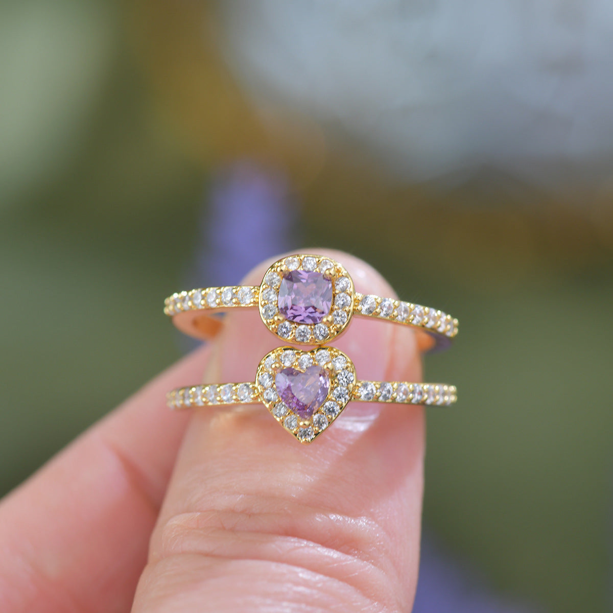 Pavé Halo Heart Amethyst Ring