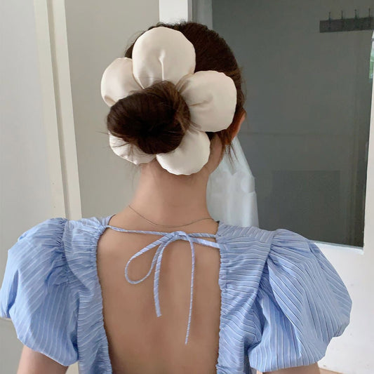 Beige Puffy Flower Scrunchie - For Hair - Abbott Atelier