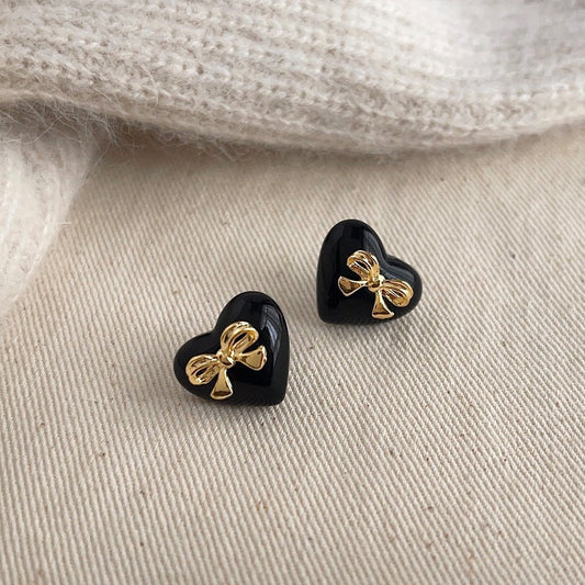 Black Heart Bow Earrings - Hypoallergenic - Abbott Atelier