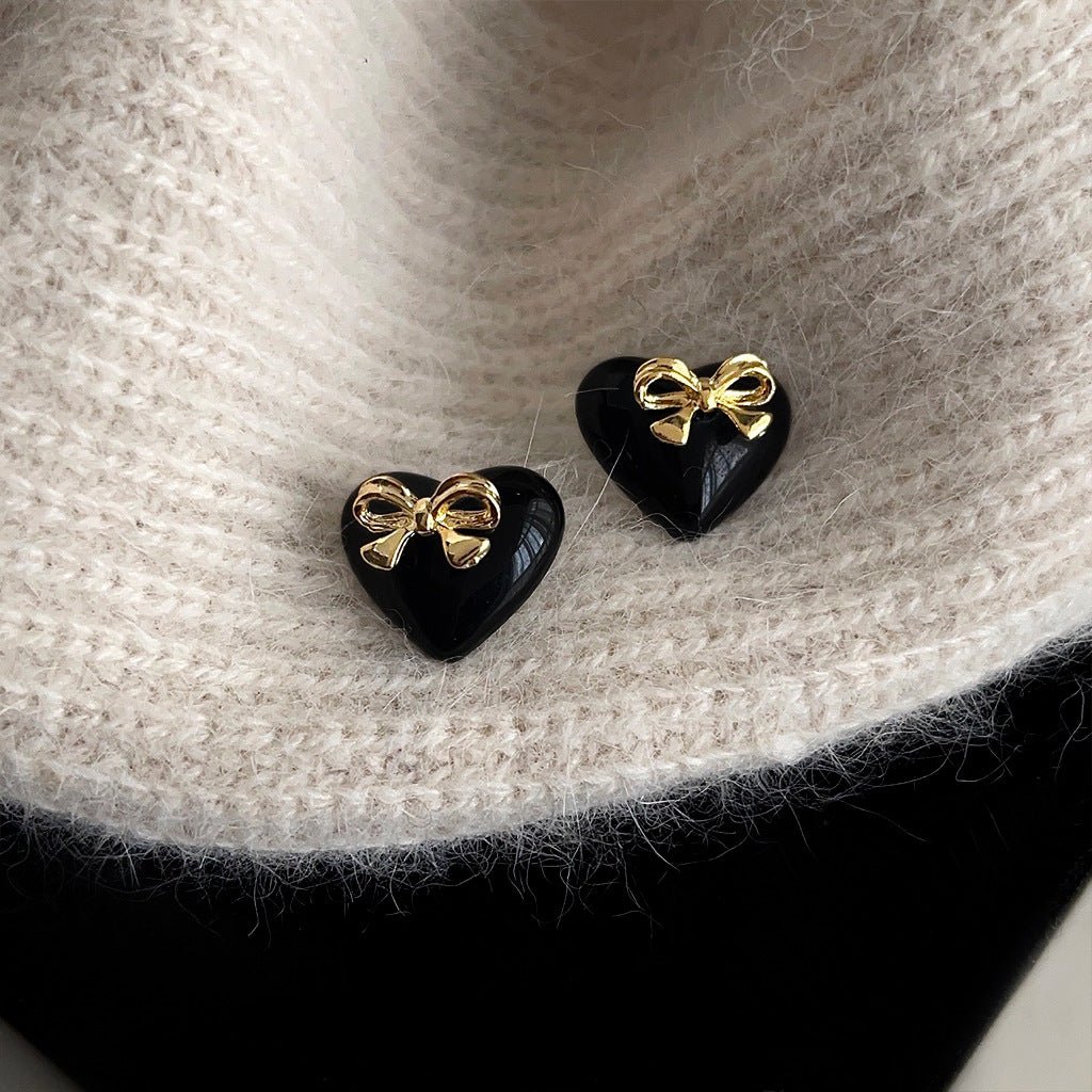 Black Heart Bow Earrings - Hypoallergenic - Abbott Atelier