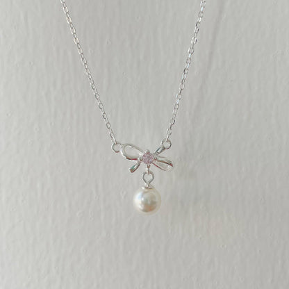 Bow and Pearl Necklace (Solid Silver) - Cady - Hypoallergenic - Abbott Atelier