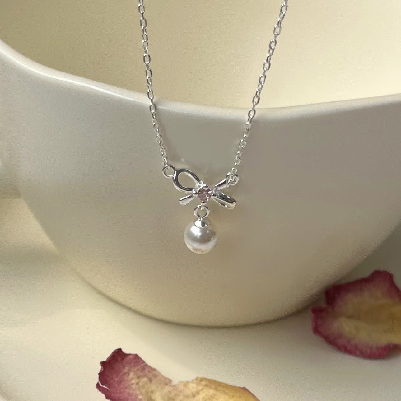 Bow and Pearl Necklace (Solid Silver) - Cady