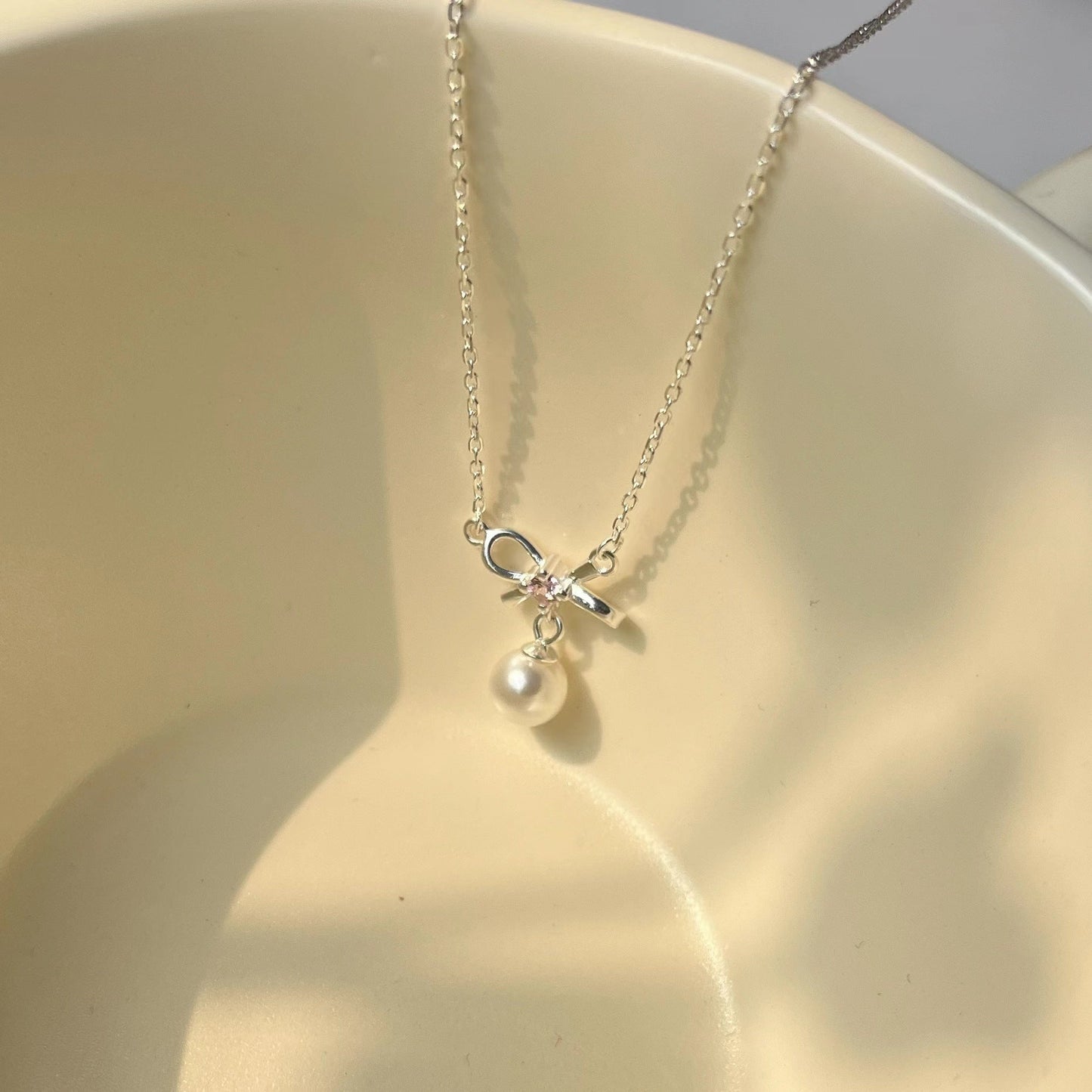 Bow and Pearl Necklace (Solid Silver) - Cady