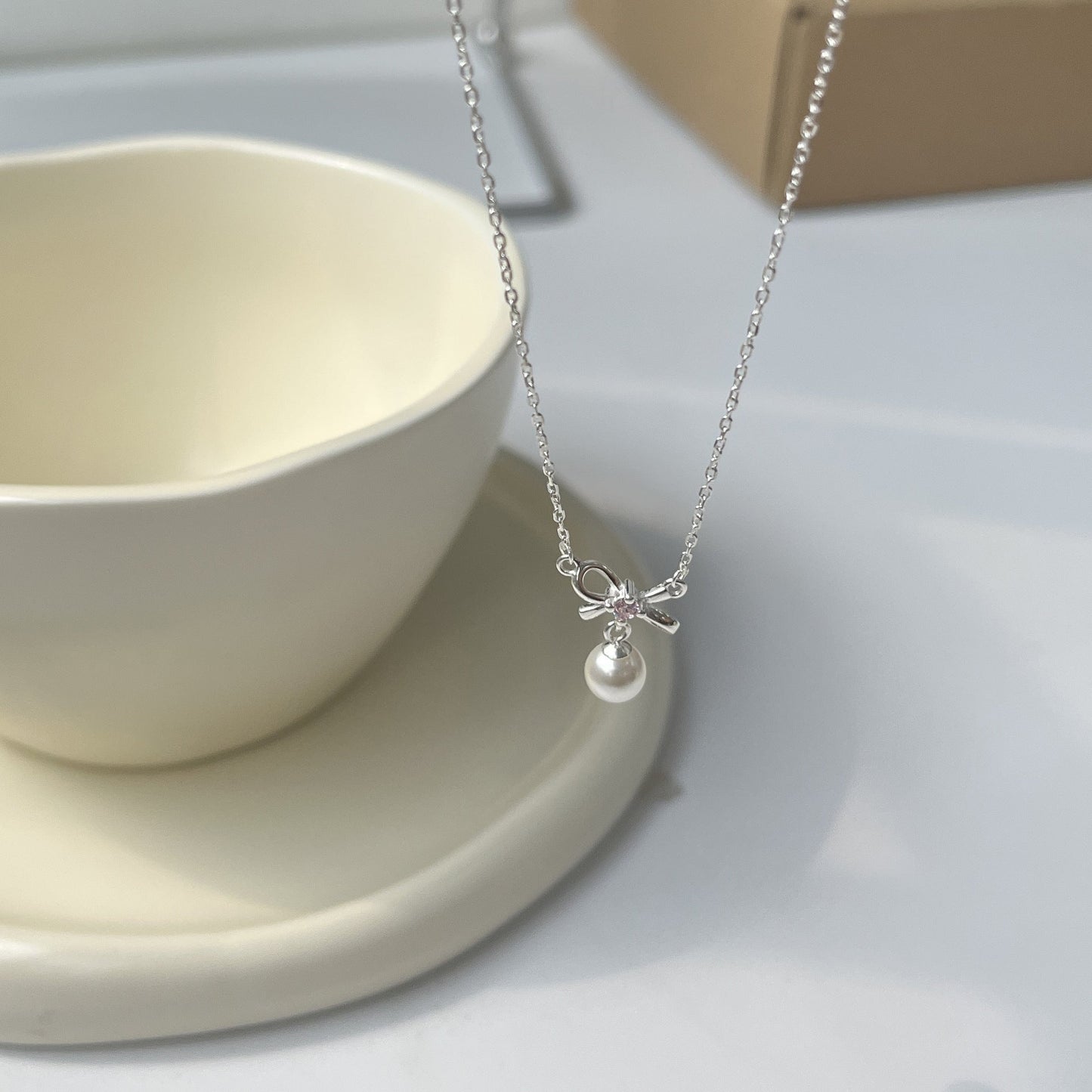 Bow and Pearl Necklace (Solid Silver) - Cady