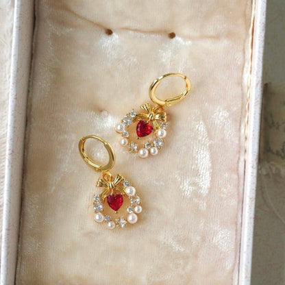 Bow Wreath Red Heart Earrings - Hypoallergenic - Abbott Atelier