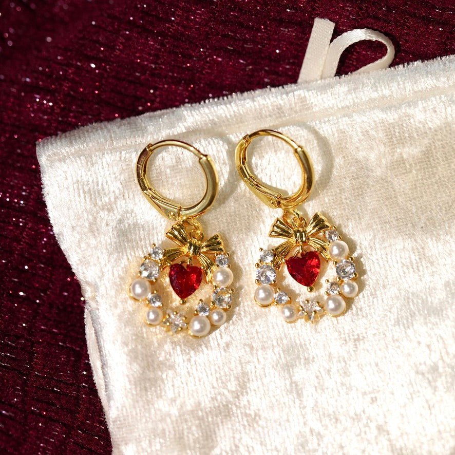 Bow Wreath Red Heart Earrings - Hypoallergenic - Abbott Atelier