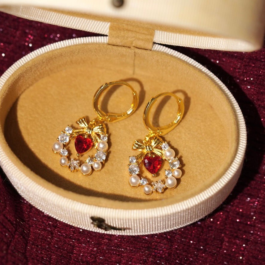 Bow Wreath Red Heart Earrings - Hypoallergenic - Abbott Atelier