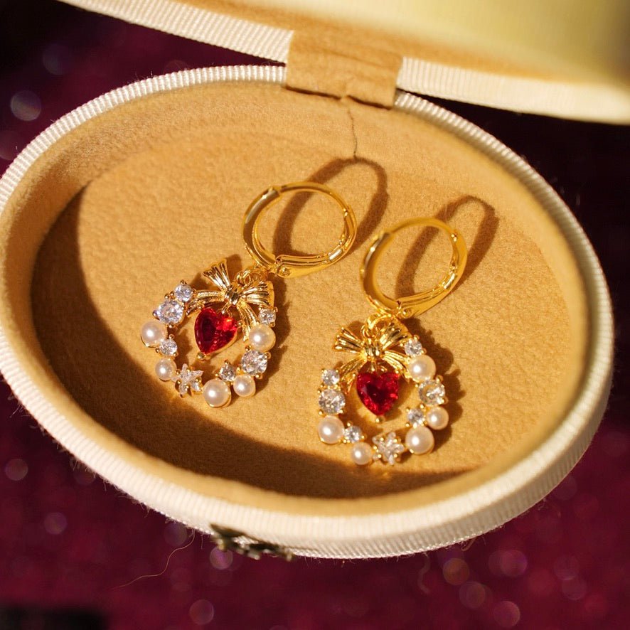 Bow Wreath Red Heart Earrings - Hypoallergenic - Abbott Atelier