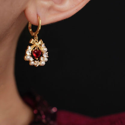 Bow Wreath Red Heart Earrings - Hypoallergenic - Abbott Atelier