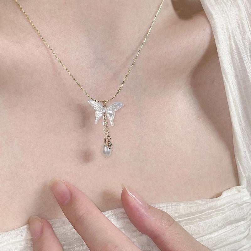 Butterfly and Pearl Necklace (Solid Silver) - Hypoallergenic - Abbott Atelier