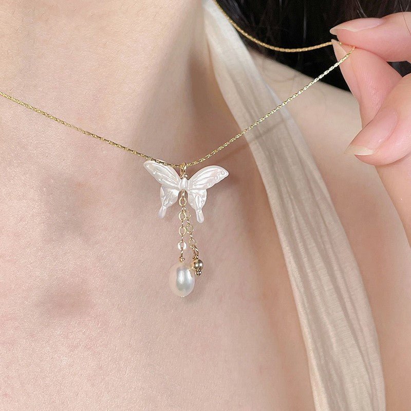 Butterfly and Pearl Necklace (Solid Silver) - Hypoallergenic - Abbott Atelier