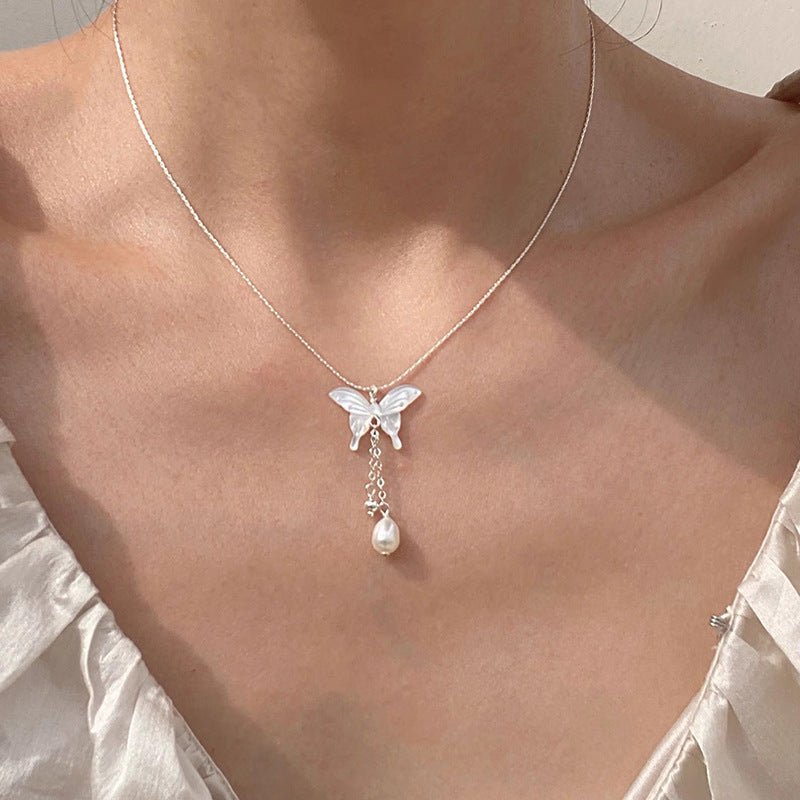 Butterfly and Pearl Necklace (Solid Silver) - Hypoallergenic - Abbott Atelier