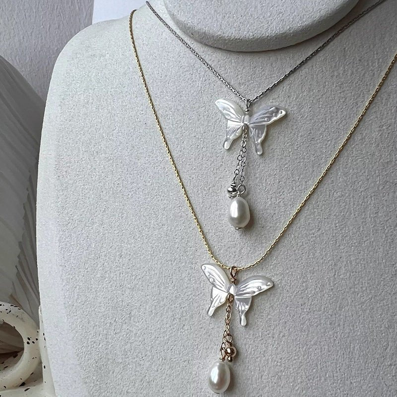Butterfly and Pearl Necklace (Solid Silver) - Hypoallergenic - Abbott Atelier