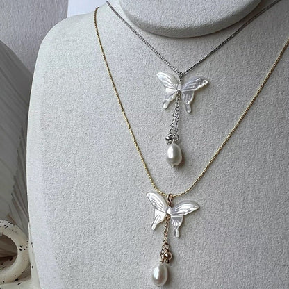 Butterfly and Pearl Necklace (Solid Silver) - Hypoallergenic - Abbott Atelier