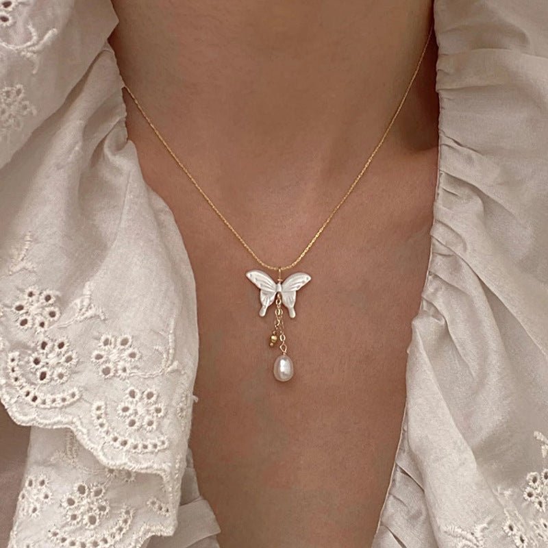 Butterfly and Pearl Necklace (Solid Silver) - Hypoallergenic - Abbott Atelier