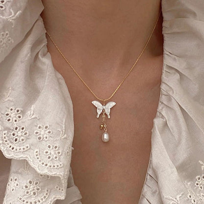 Butterfly and Pearl Necklace (Solid Silver) - Hypoallergenic - Abbott Atelier