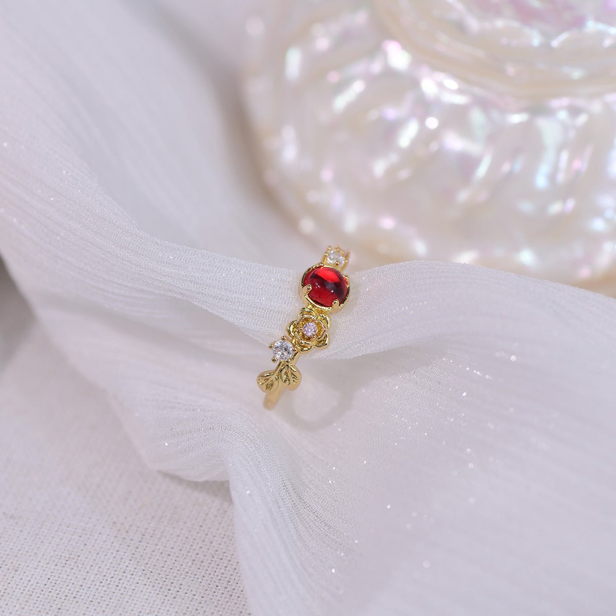 [Clearance] Red Gem Rose Ring - Gold - Plated - Abbott Atelier