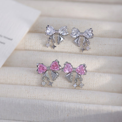 Silver Bow Earrings (Pink/Clear) - Caroline