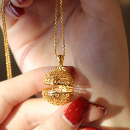 Flower Golden Ball Locket Necklace (Solid Silver) - Hypoallergenic - Abbott Atelier