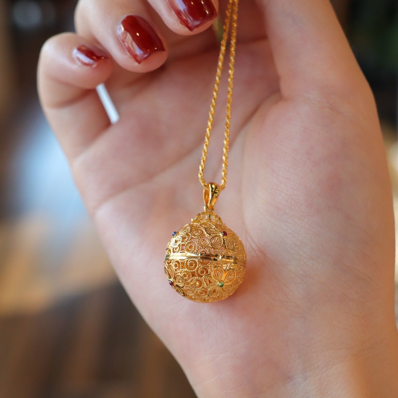 Flower Golden Ball Locket Necklace (Solid Silver) - Hypoallergenic - Abbott Atelier