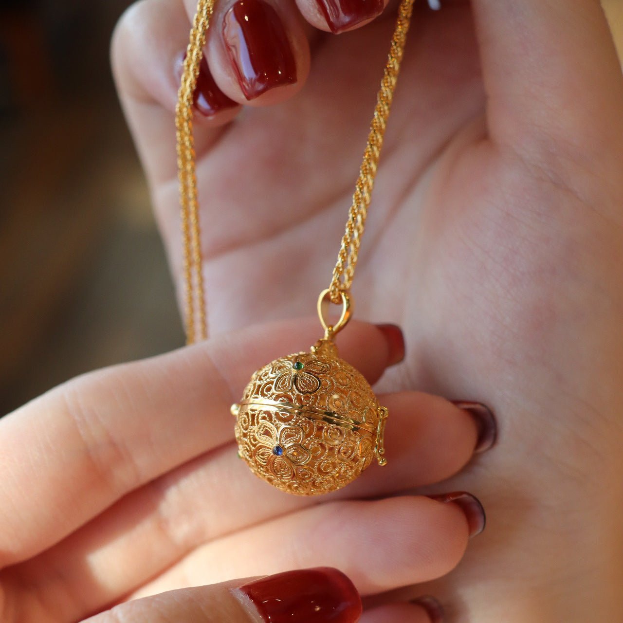 Flower Golden Ball Locket Necklace (Solid Silver) - Hypoallergenic - Abbott Atelier