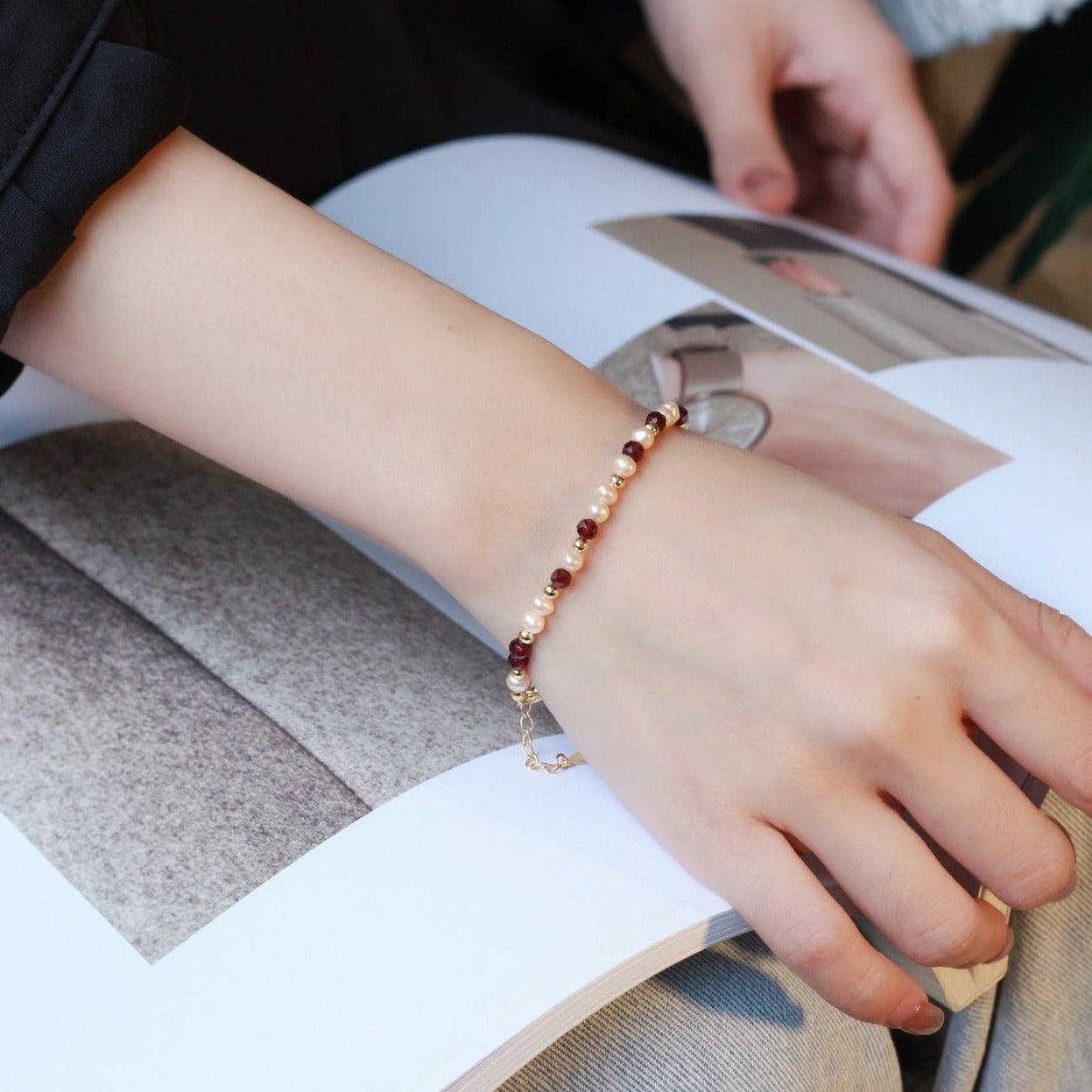 Garnet and Pearl Bracelet (Solid Silver) - Hypoallergenic - Abbott Atelier