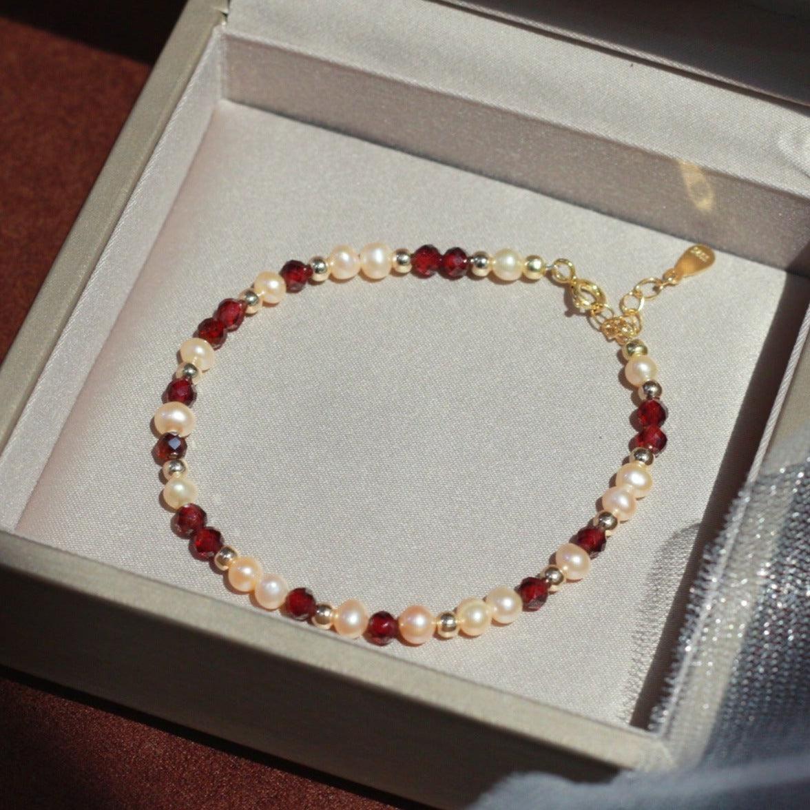 Garnet and Pearl Bracelet (Solid Silver) - Hypoallergenic - Abbott Atelier