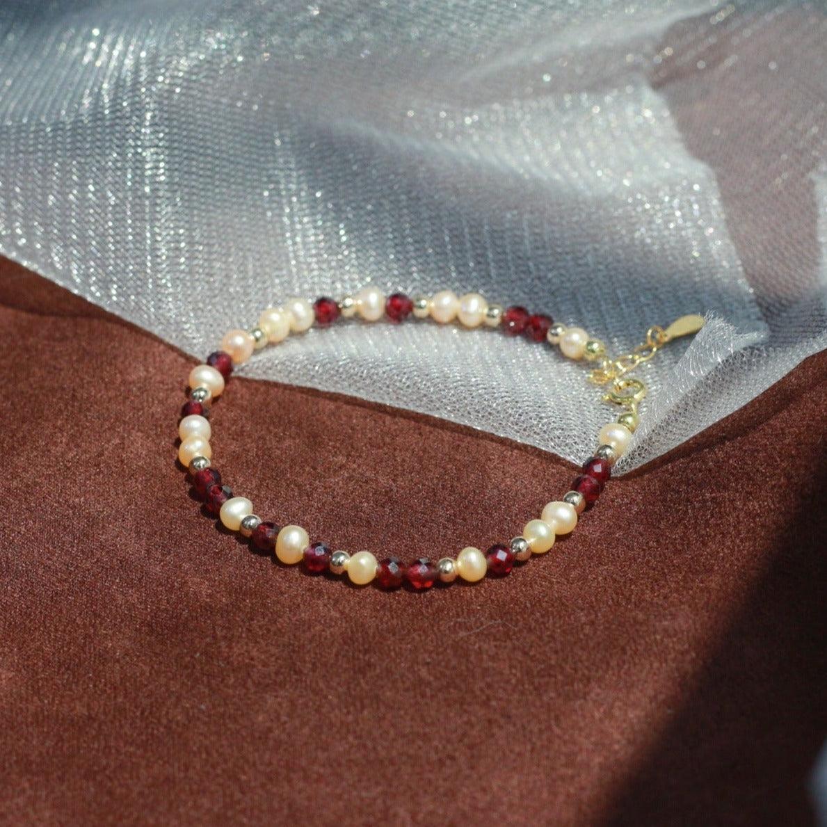 Garnet and Pearl Bracelet (Solid Silver) - Hypoallergenic - Abbott Atelier
