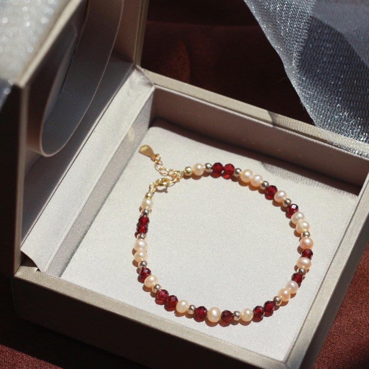 Garnet and Pearl Bracelet (Solid Silver) - Hypoallergenic - Abbott Atelier