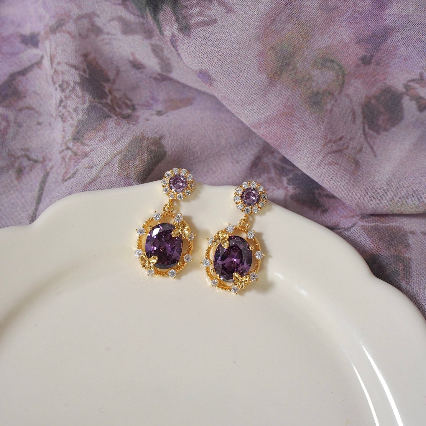 Lilac Butterfly Drop Earrings - Gold Plated - Abbott Atelier