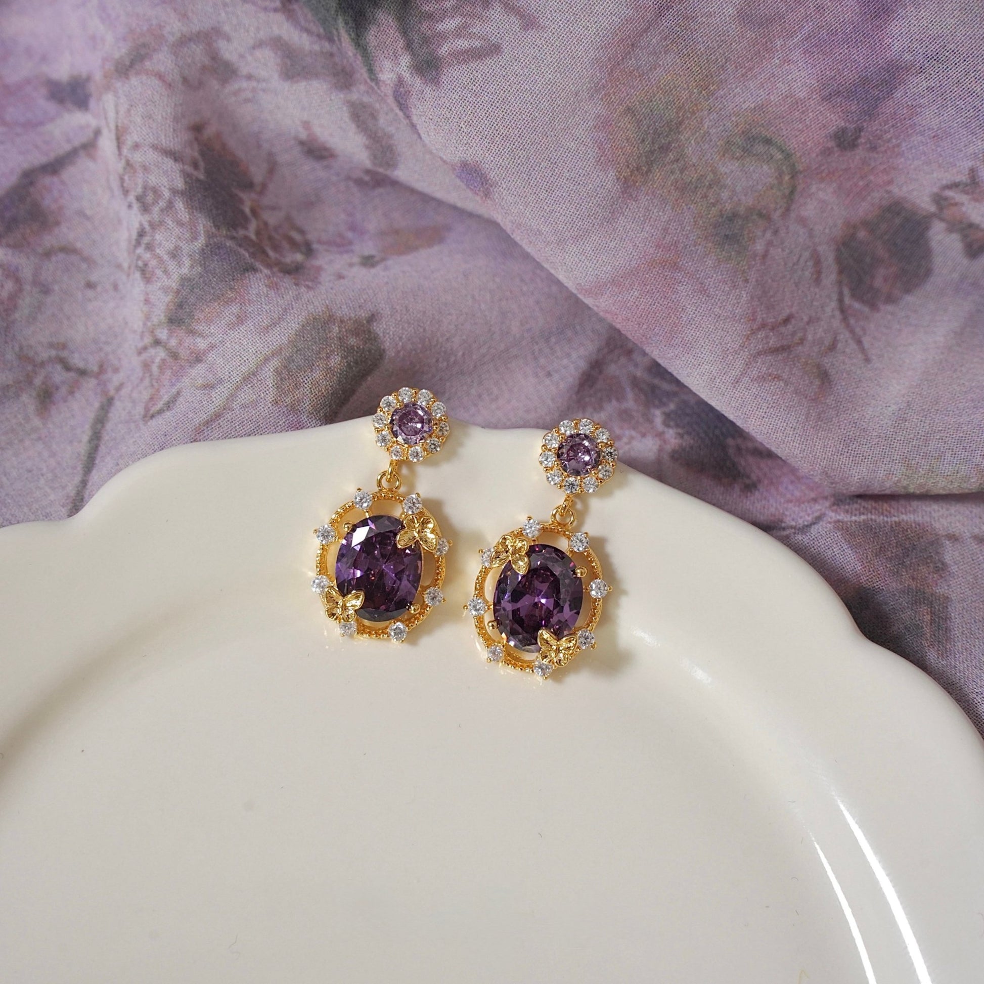 Lilac Butterfly Drop Earrings - Gold Plated - Abbott Atelier