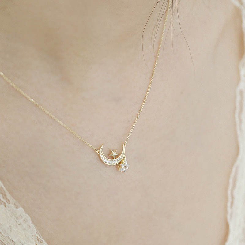 Moon and Star Necklace (Solid Silver) - Mandy - Hypoallergenic - Abbott Atelier