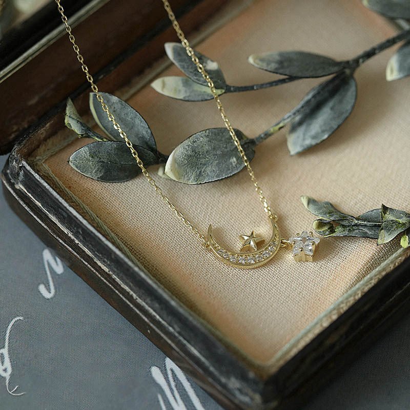 Moon and Star Necklace (Solid Silver) - Mandy - Hypoallergenic - Abbott Atelier