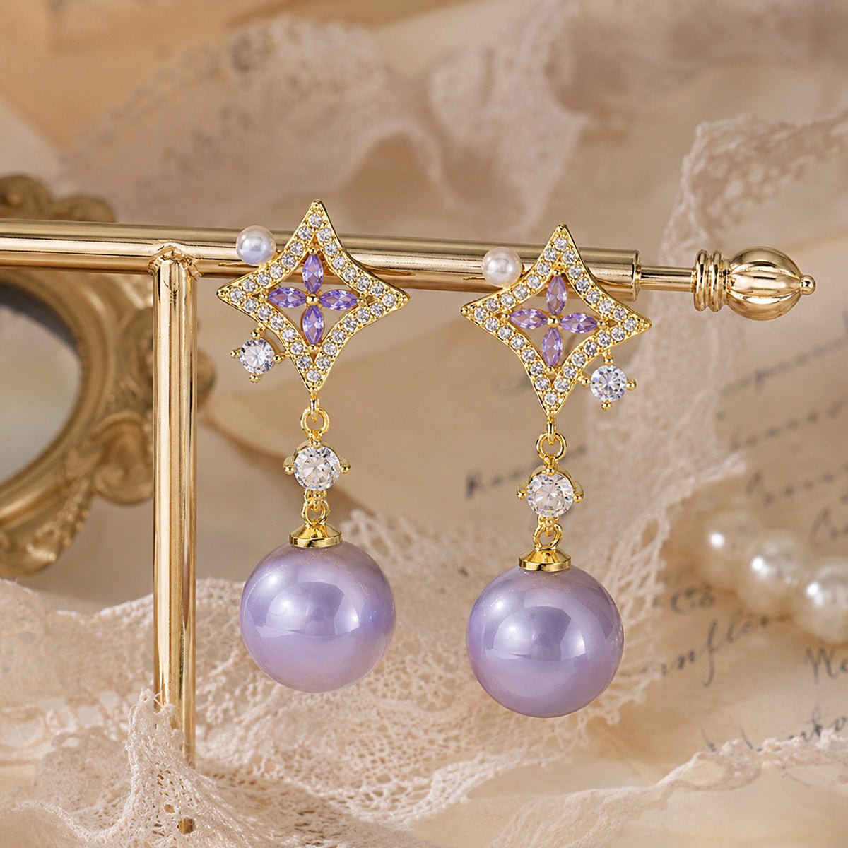 Opulent Amethyst Pearl Earrings - Gold Plated - Abbott Atelier